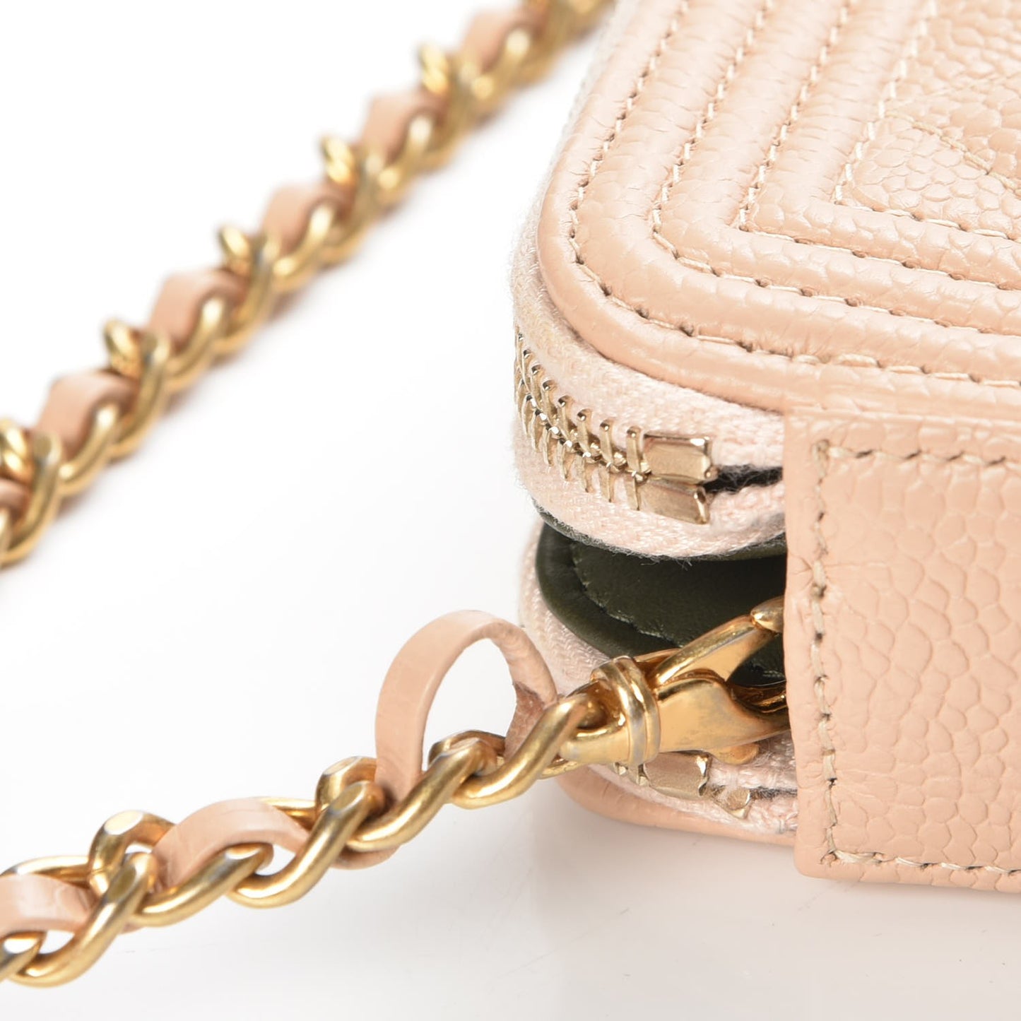Caviar Quilted Small Boy Clutch With Chain Beige