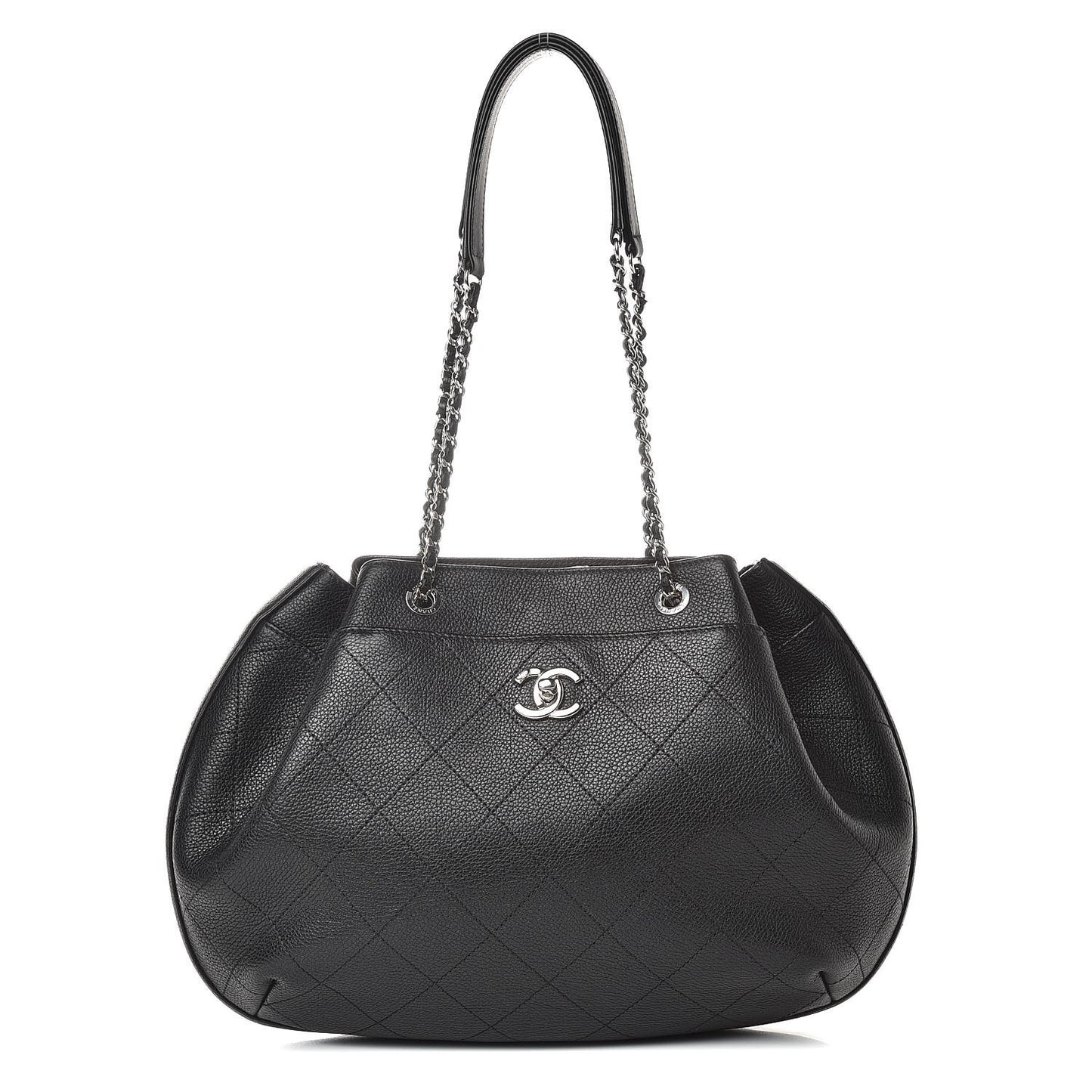 Grained Calfskin Stitched Accordion Shoulder Bag Black