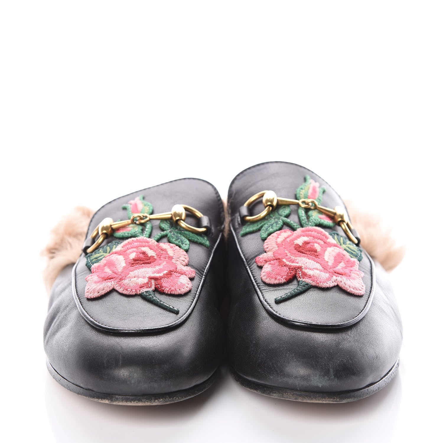 Gucci Calfskin Fur Flower Embroidered Womens Princetown Slippers 36 Black 2 of 11