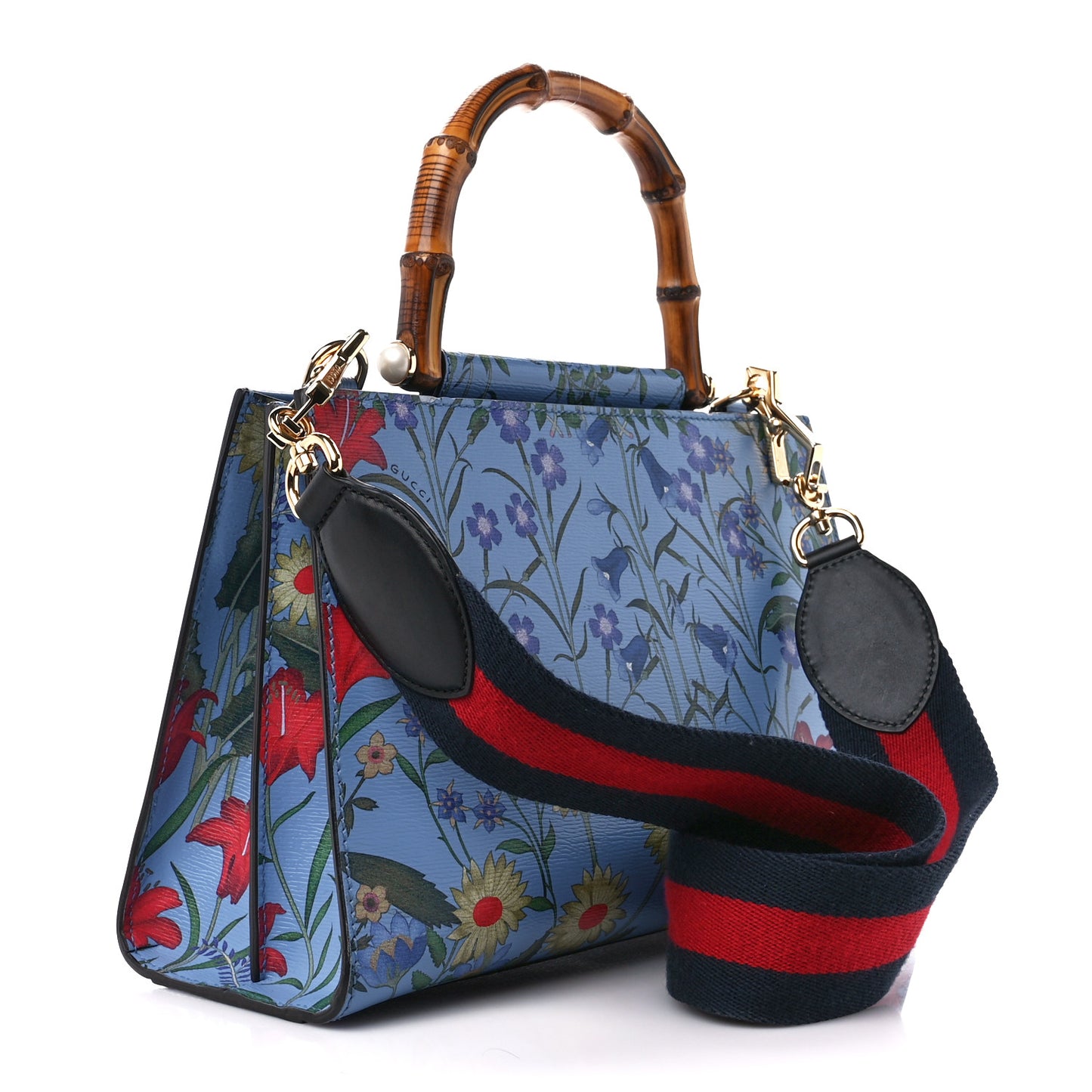 Calfskin Bamboo Web New Flora Small Nymphaea Top Handle Bag Azure
