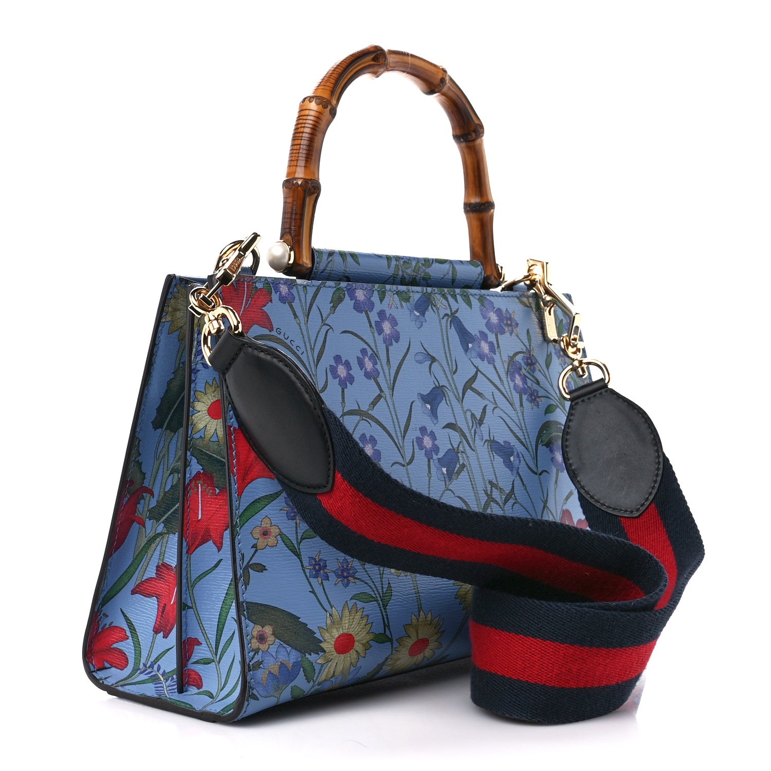 Gucci Calfskin Bamboo Web New Flora Small Nymphaea Top Handle Bag Azure 3 of 13