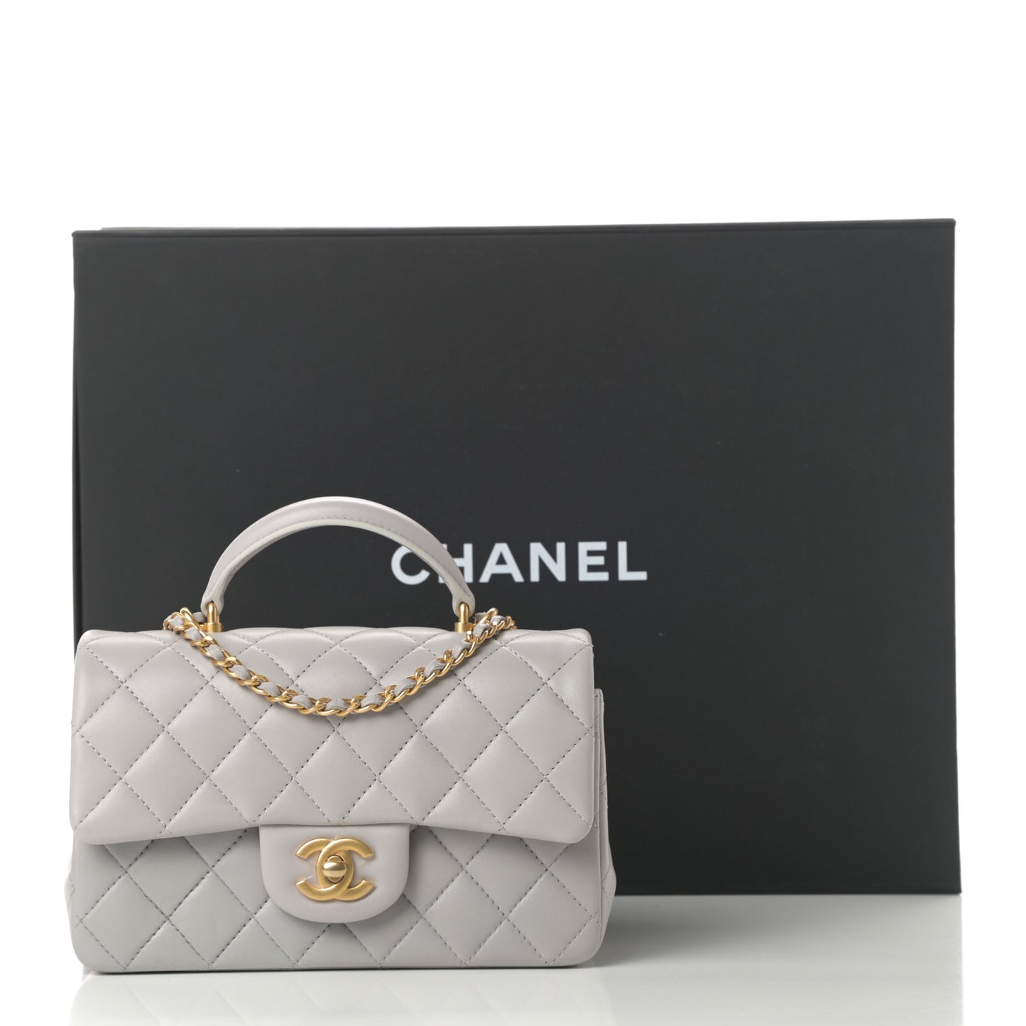 Lambskin Quilted Mini Top Handle Rectangular Flap Grey
