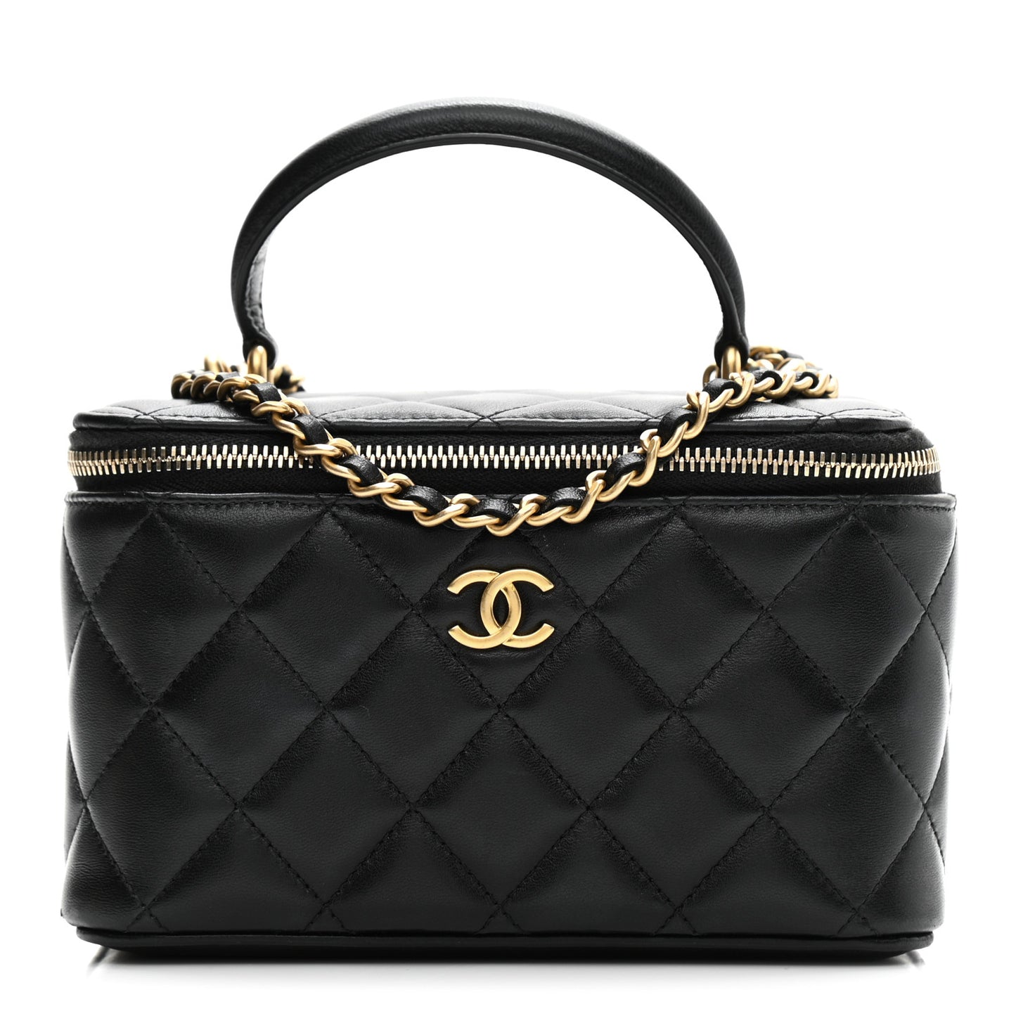Lambskin Quilted Small Top Handle Vanity Case With Chain Black