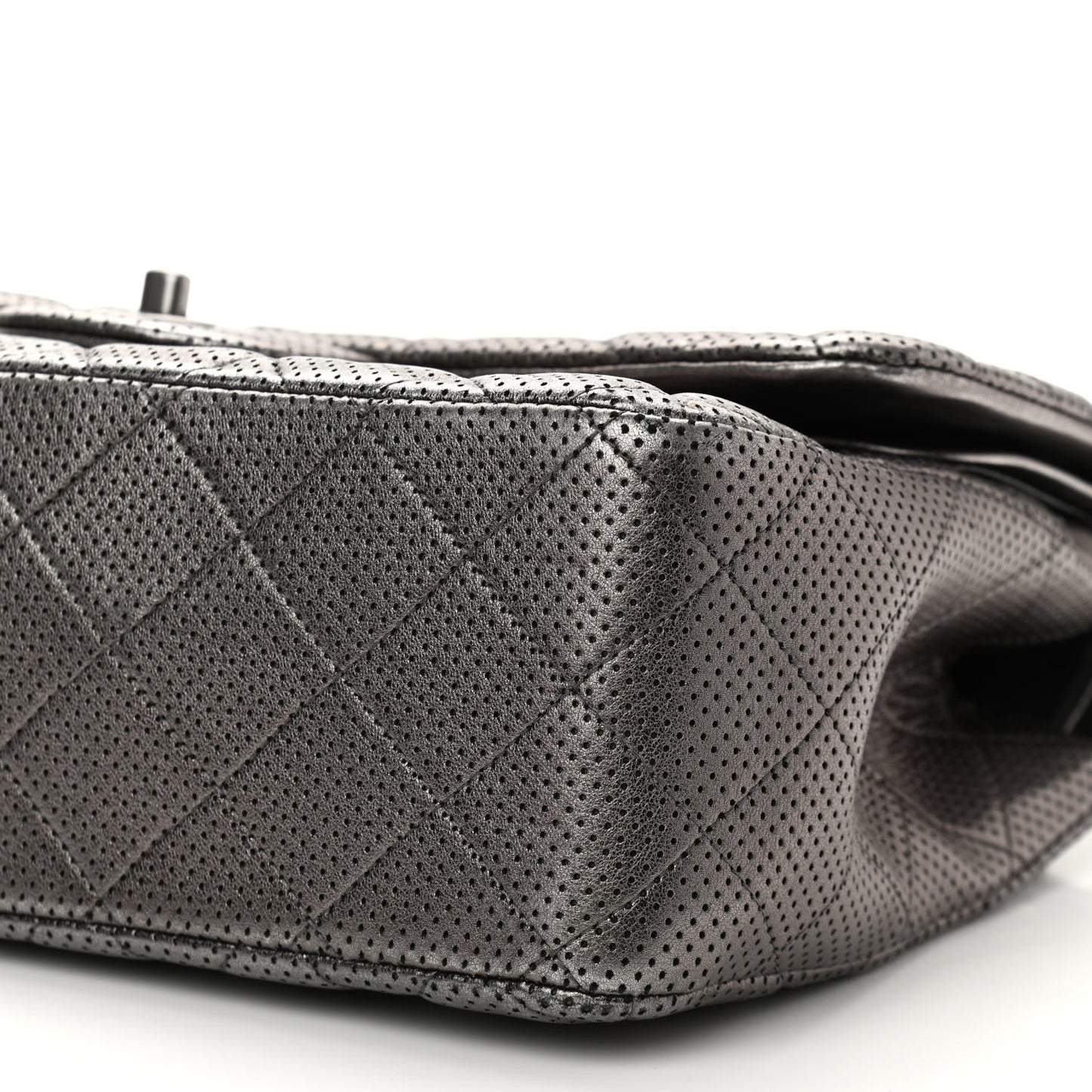 Metallic Perforated Lambskin Quilted Jumbo Double Flap Dark Silver