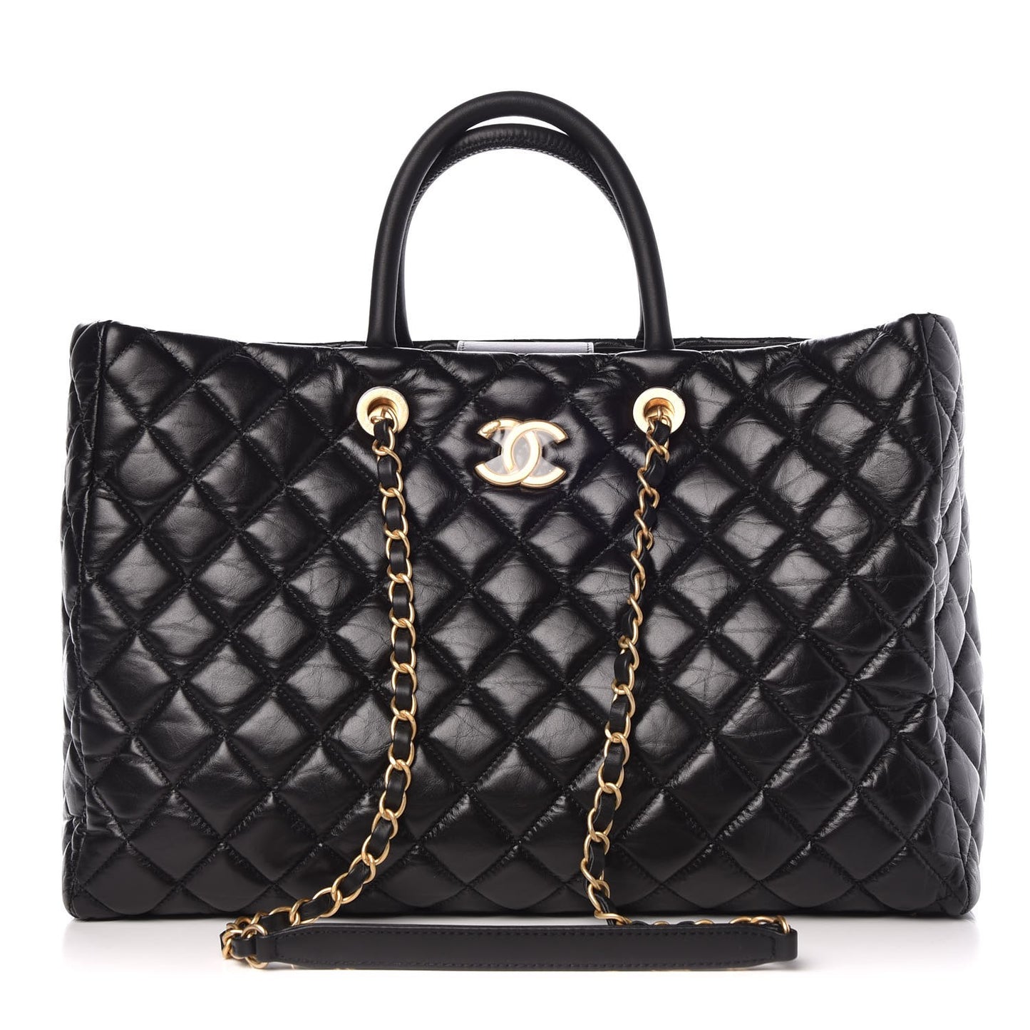 Aged Calfskin Quilted Large Coco Handle Shopping Tote Black