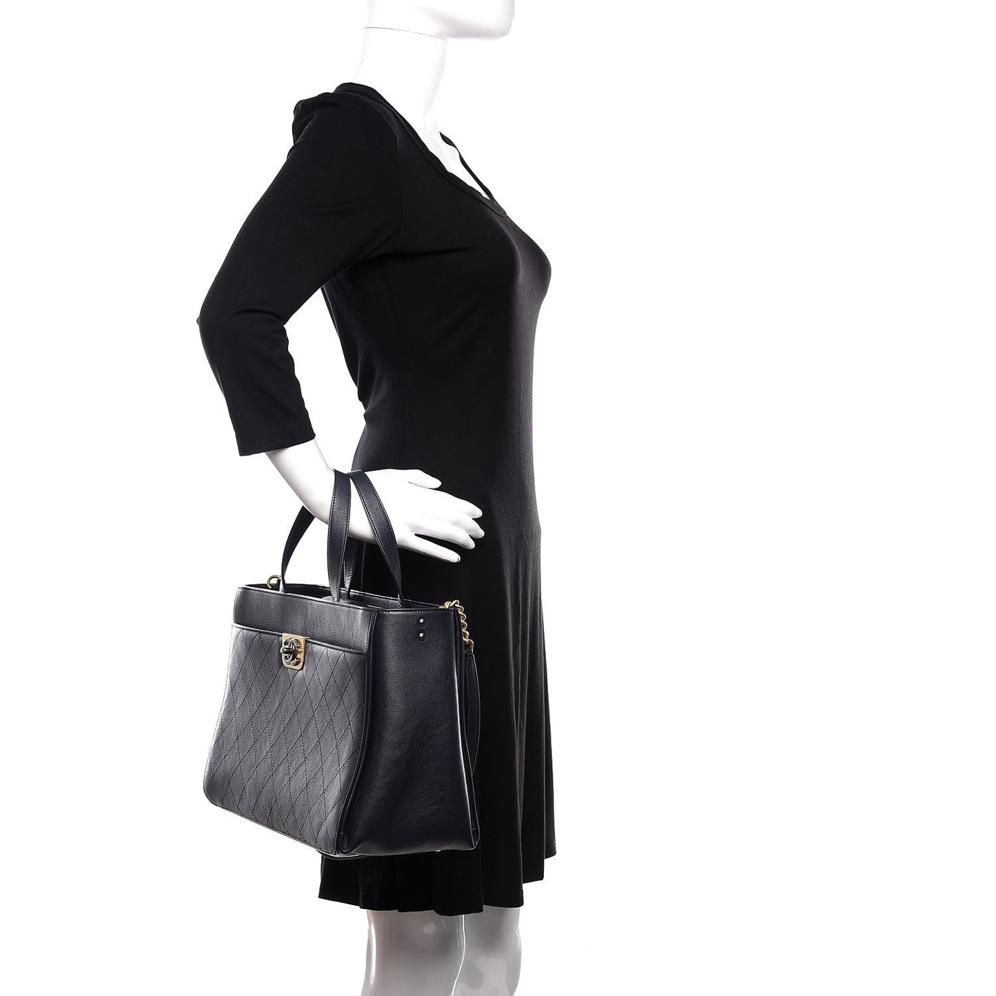 Calfskin Stitched Large Straight Lines Shopping Tote Navy