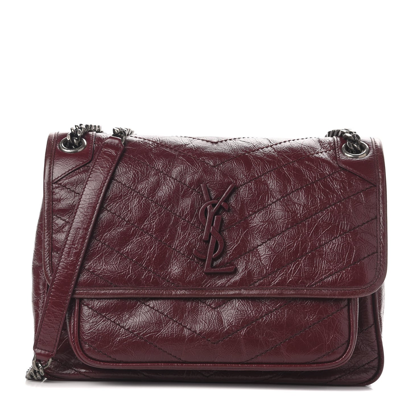 Crinkled Calfskin Matelasse Monogram Medium Niki Chain Satchel Burgundy