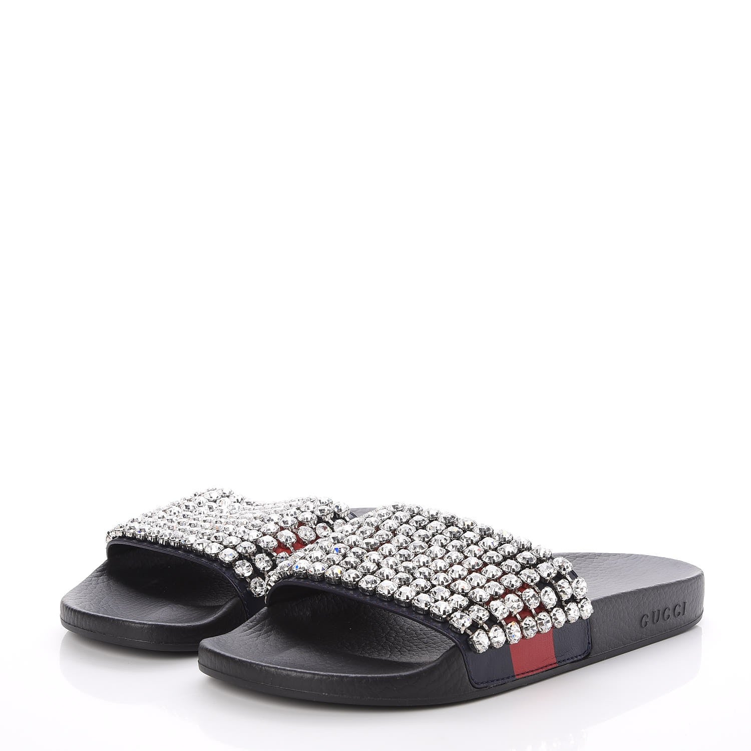 Gucci Calfskin Crystal Embellished Web Slide Sandals 41 Blue Red 3 of 7