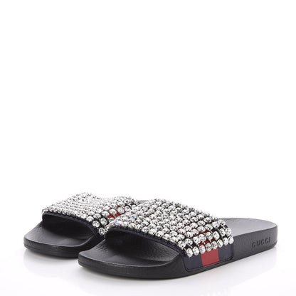 Gucci Calfskin Crystal Embellished Web Slide Sandals 41 Blue Red 3 of 7