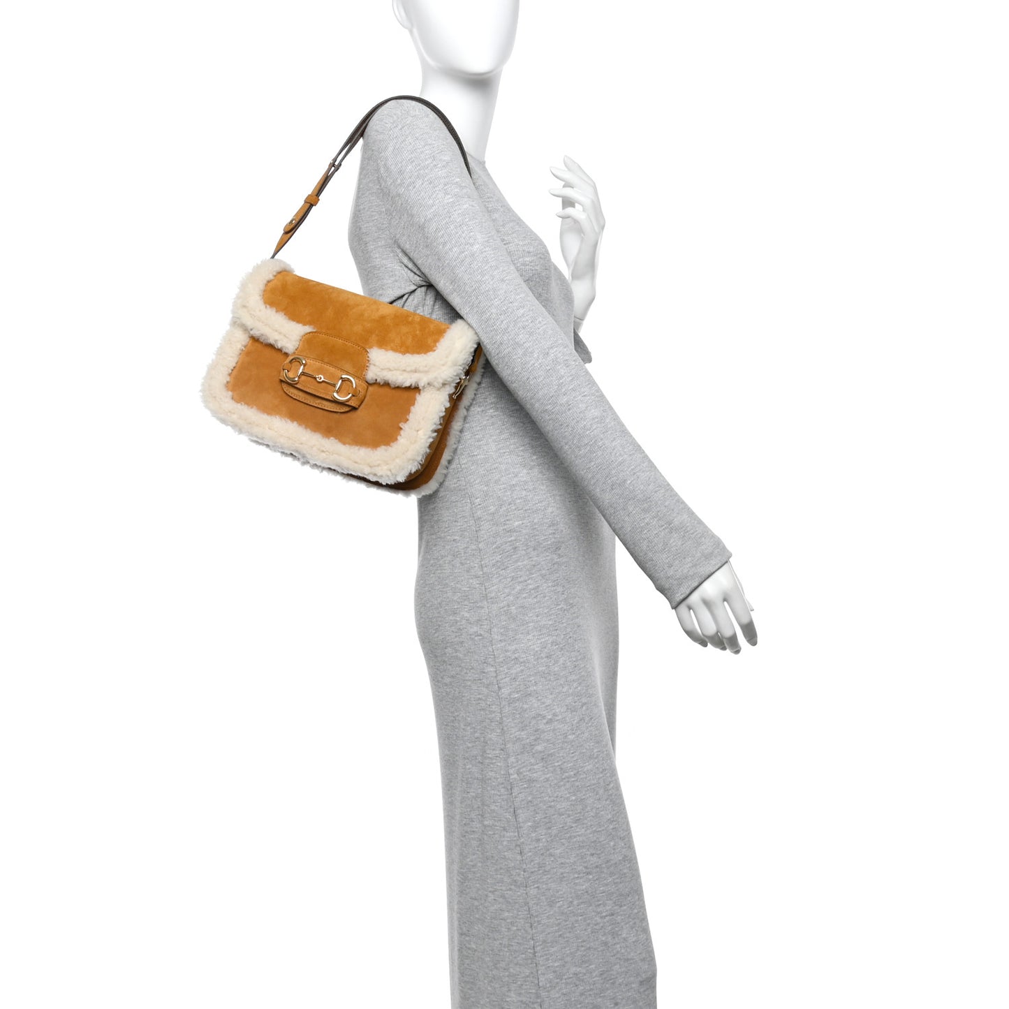 Suede Shearling Horsebit 1955 Shoulder Bag Honey Beige Milk