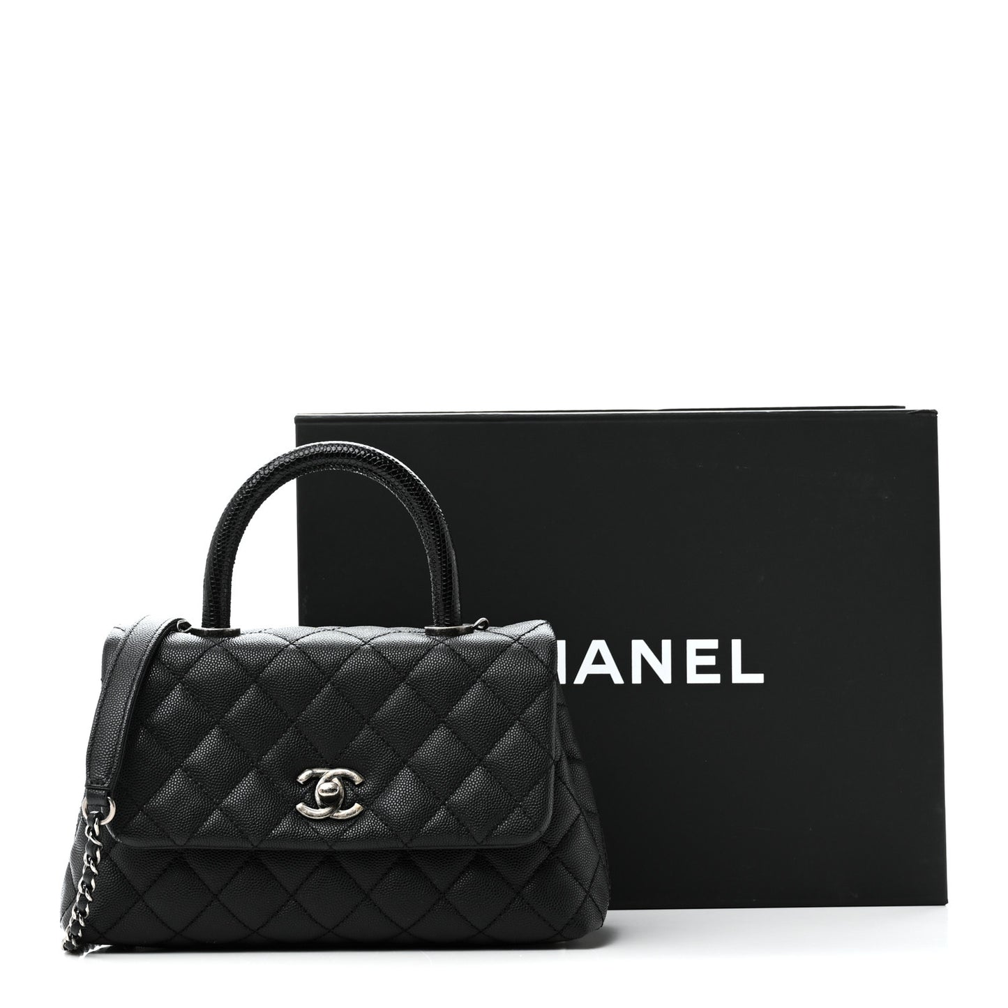 Caviar Lizard Embossed Quilted Mini Coco Handle Flap Black