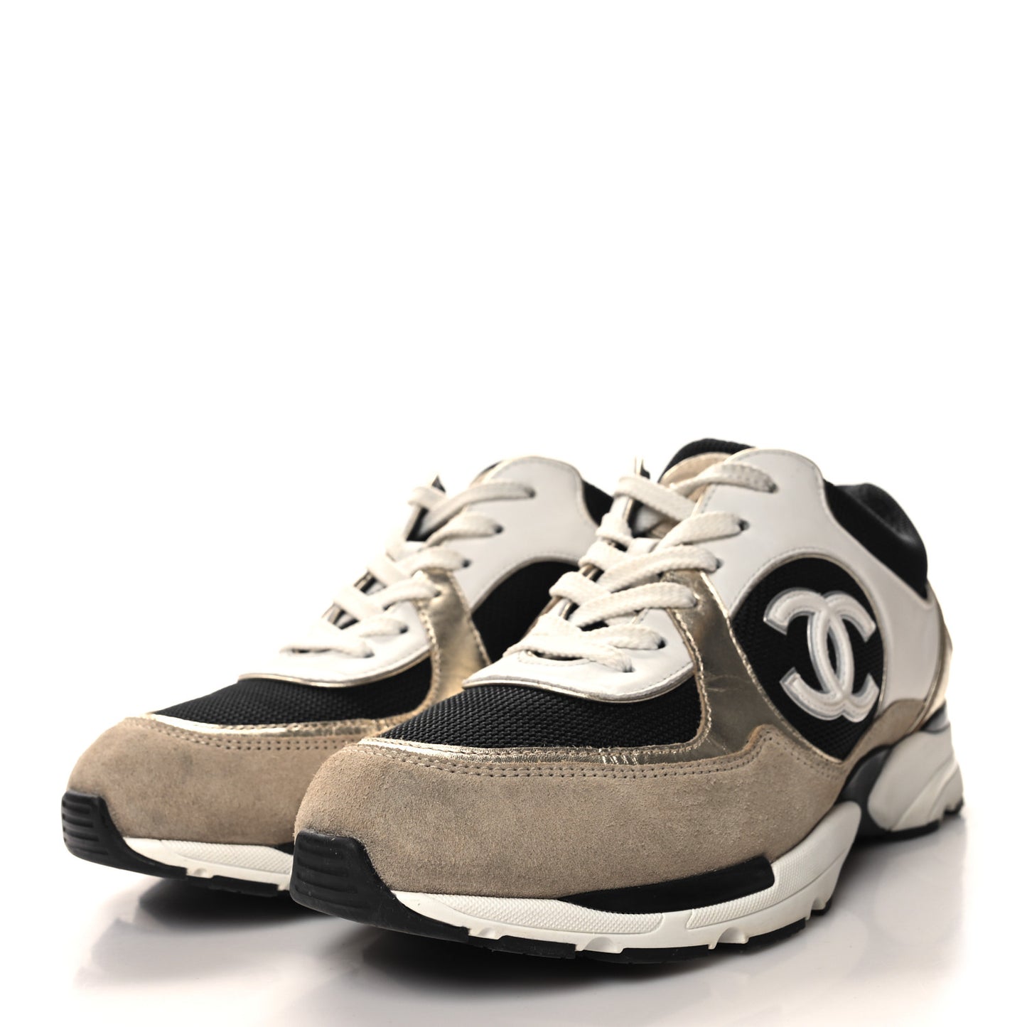 Mesh Suede Calfskin CC Sneakers 39.5 White Black Beige Gold