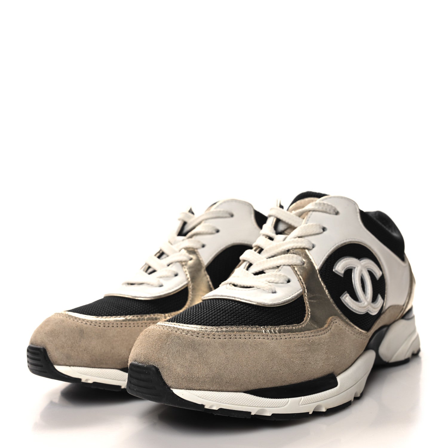 Chanel Mesh Suede Calfskin CC Sneakers 39.5 White Black Beige Gold 3 of 9