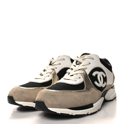 Chanel Mesh Suede Calfskin CC Sneakers 39.5 White Black Beige Gold 3 of 9