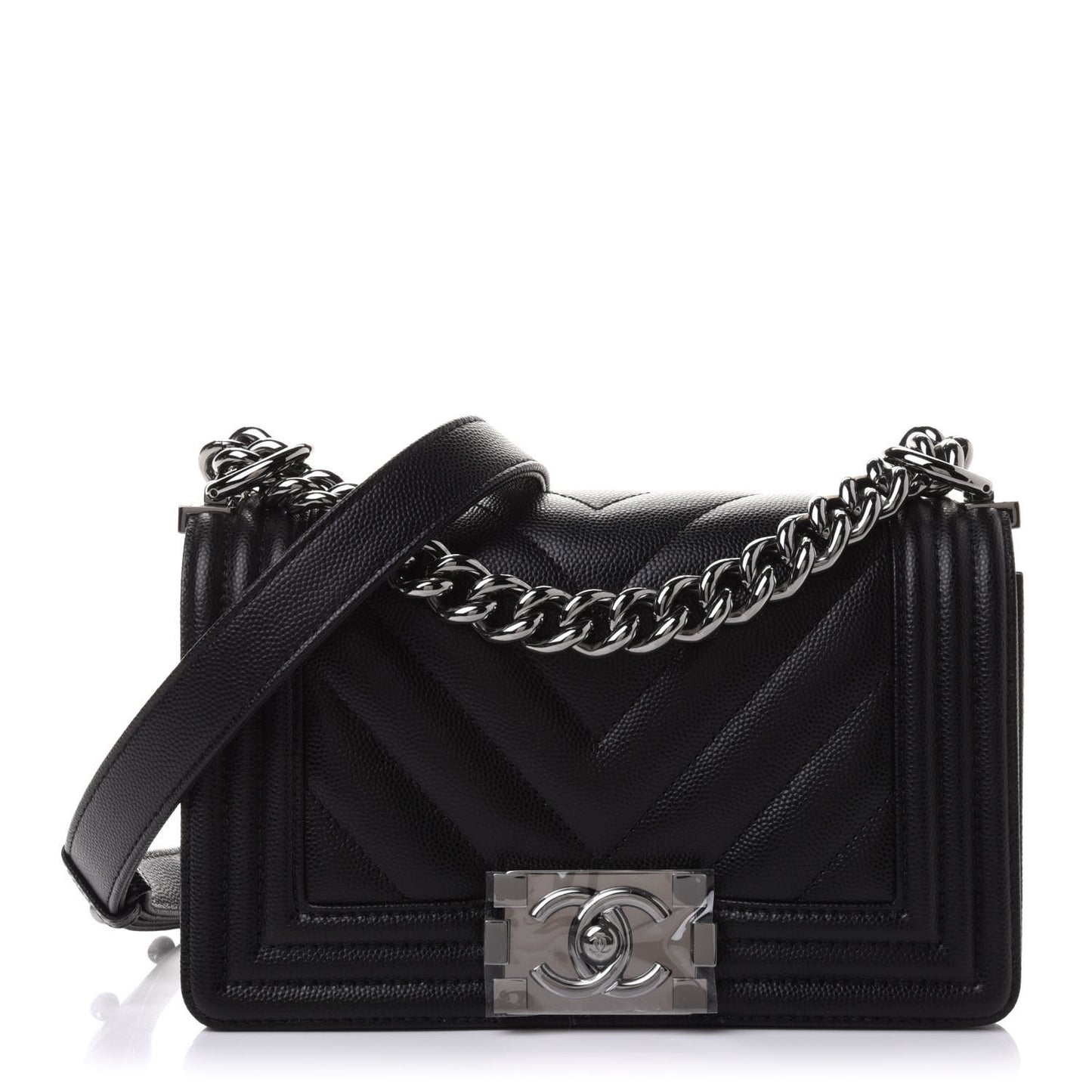 Caviar Chevron Quilted Small Boy Flap Black