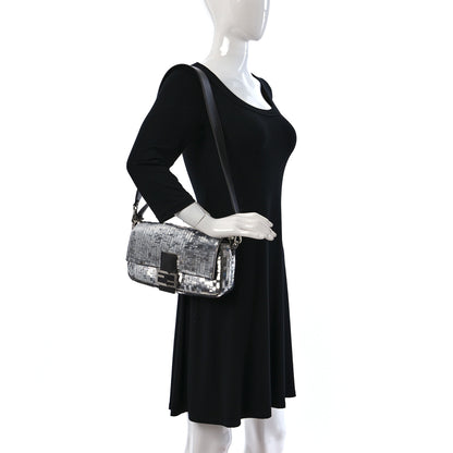 Fendi Sequin Paillettes Capretto Lucido Baguette Argento Moro 2 of 9