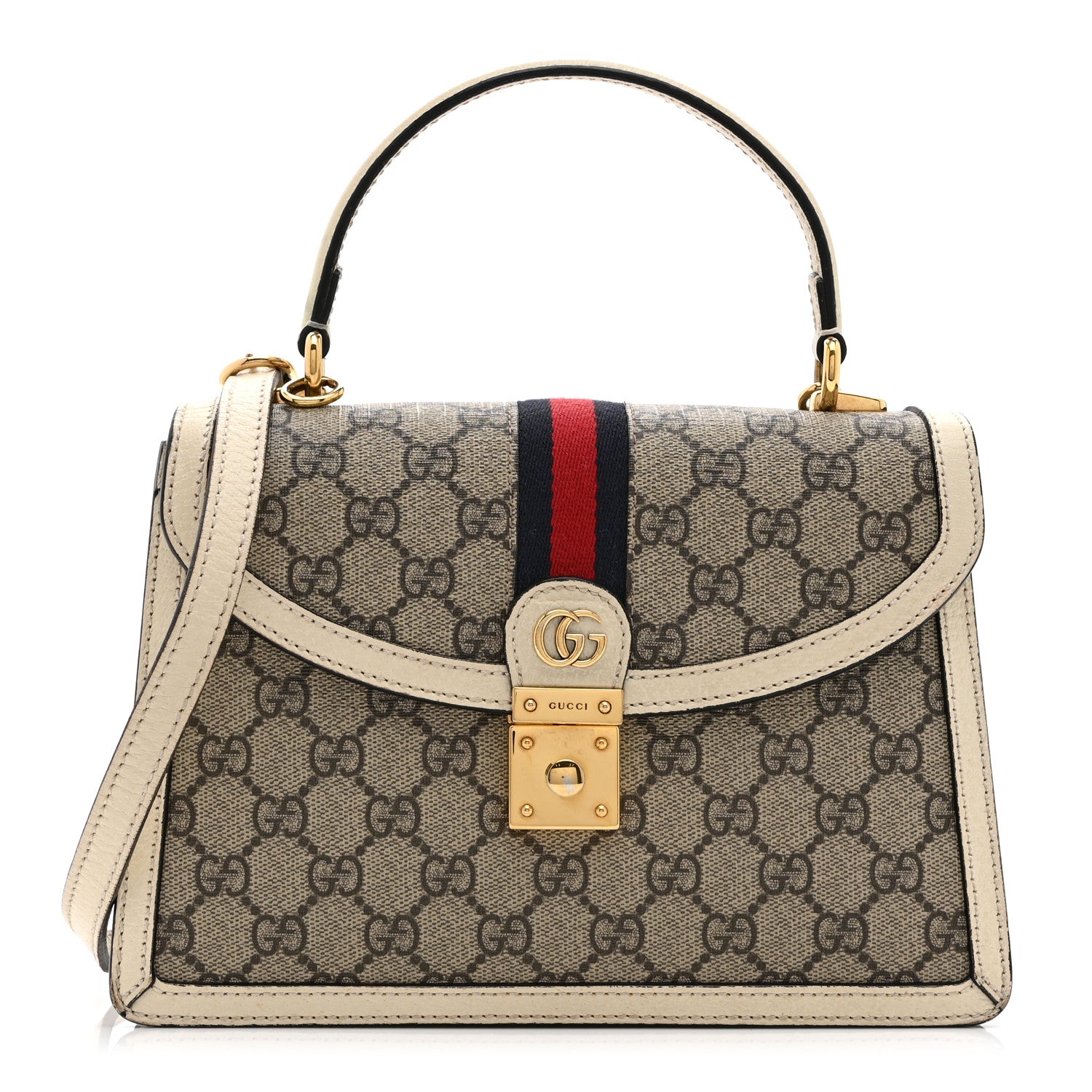 Gucci GG Supreme Monogram Textured Dollar Calfskin Web Small Ophidia Padlock Top Handle Bag Beige Ebony Mystic White 1 of 12