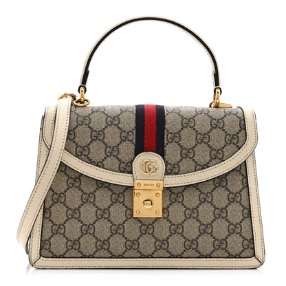 Gucci GG Supreme Monogram Textured Dollar Calfskin Web Small Ophidia Padlock Top Handle Bag Beige Ebony Mystic White 1 of 12