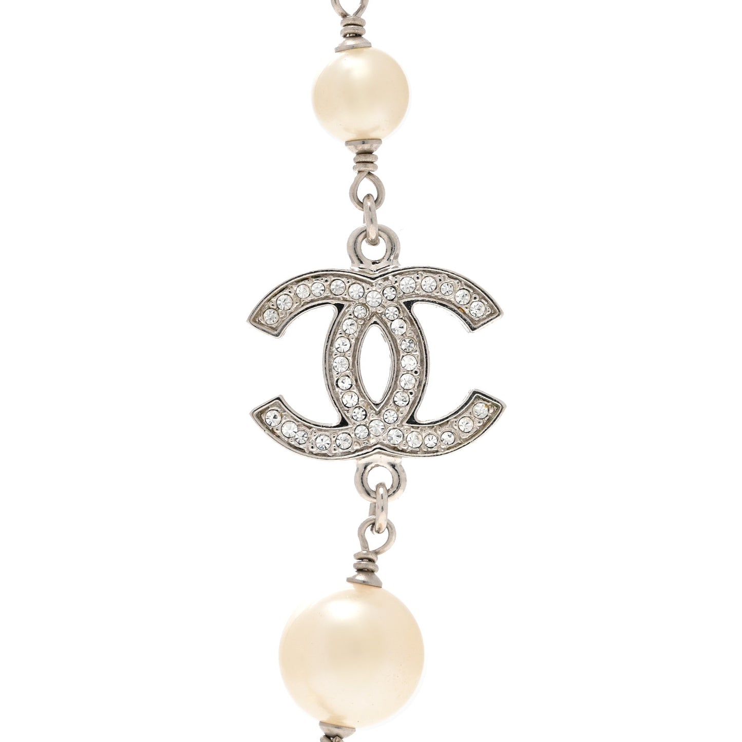 Crystal Pearl CC Long Necklace Silver