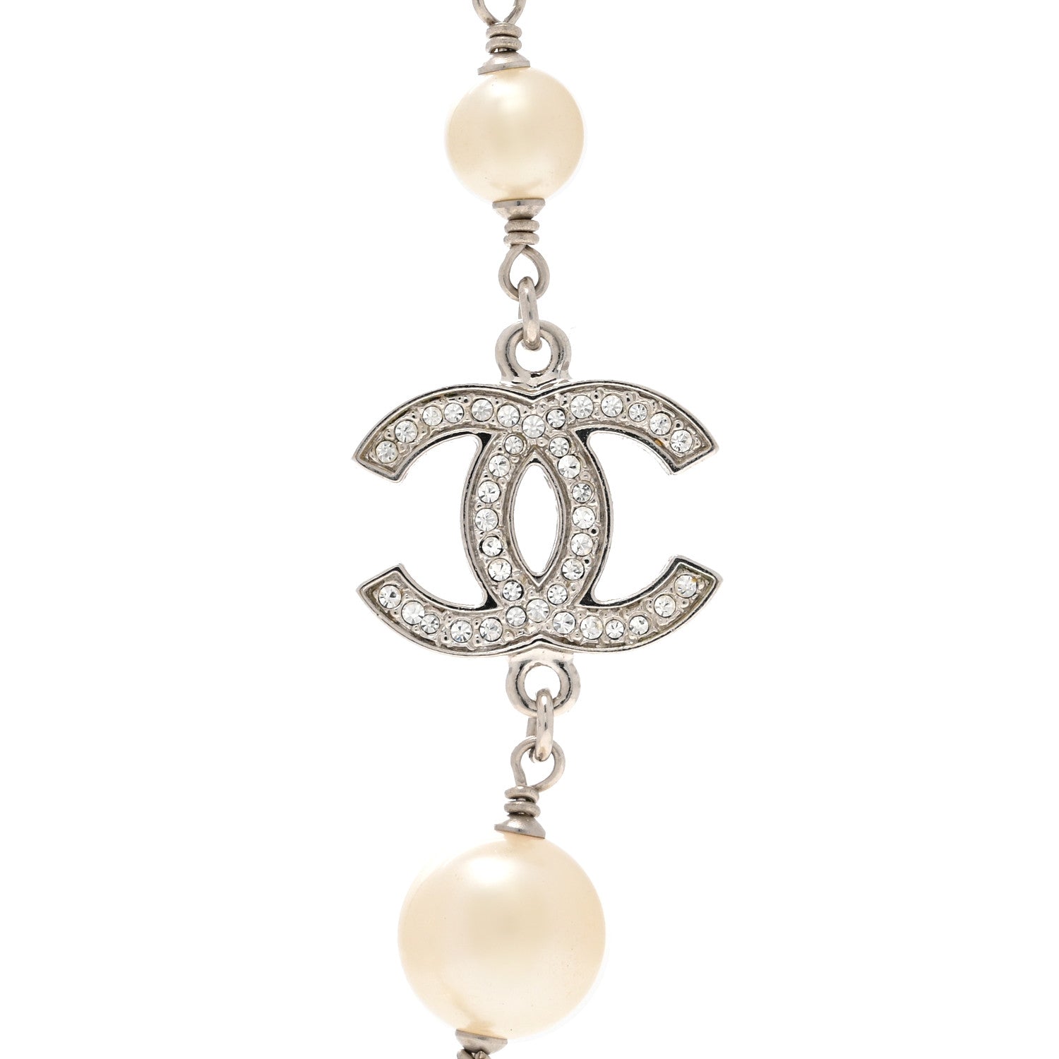 Chanel Crystal Pearl CC Long Necklace Silver 4 of 5