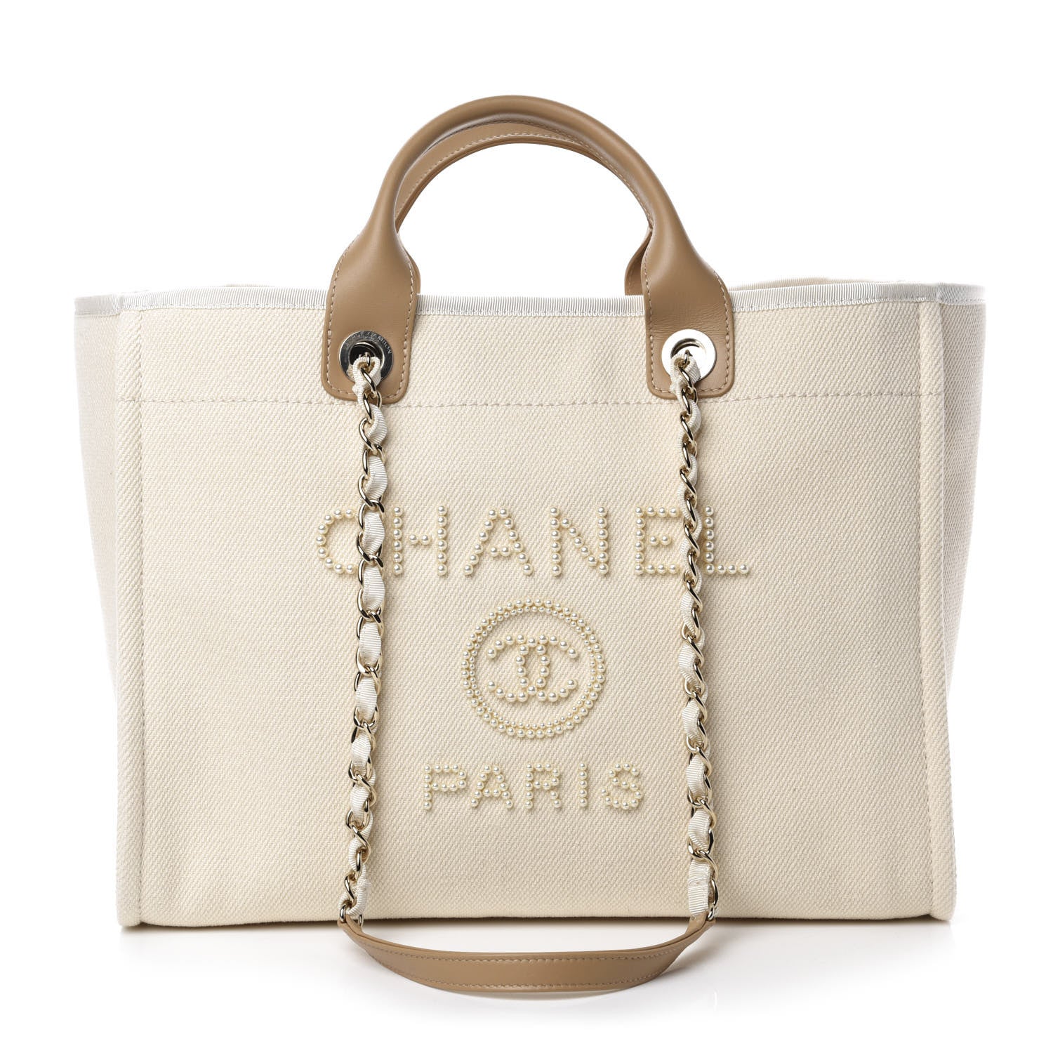 Chanel Canvas Pearl Medium Deauville Tote Ecru Beige 1 of 10
