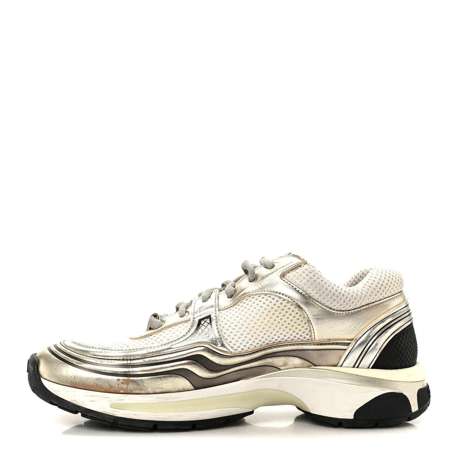 Chanel Fabric Laminated Calfskin Stretch CC Sneakers 39.5 White Gold Silver 1 of 10