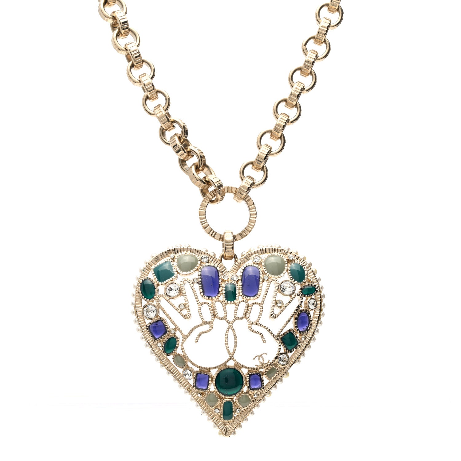 Chanel Embellished Crystal Resin Heart Peace Sign Emoji Necklace Gold Multicolor 1 of 6