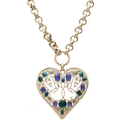Chanel Embellished Crystal Resin Heart Peace Sign Emoji Necklace Gold Multicolor 1 of 6