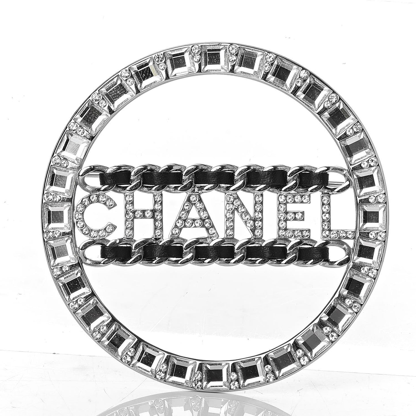 Lambskin Baguette Crystal Logo Brooch Black Silver