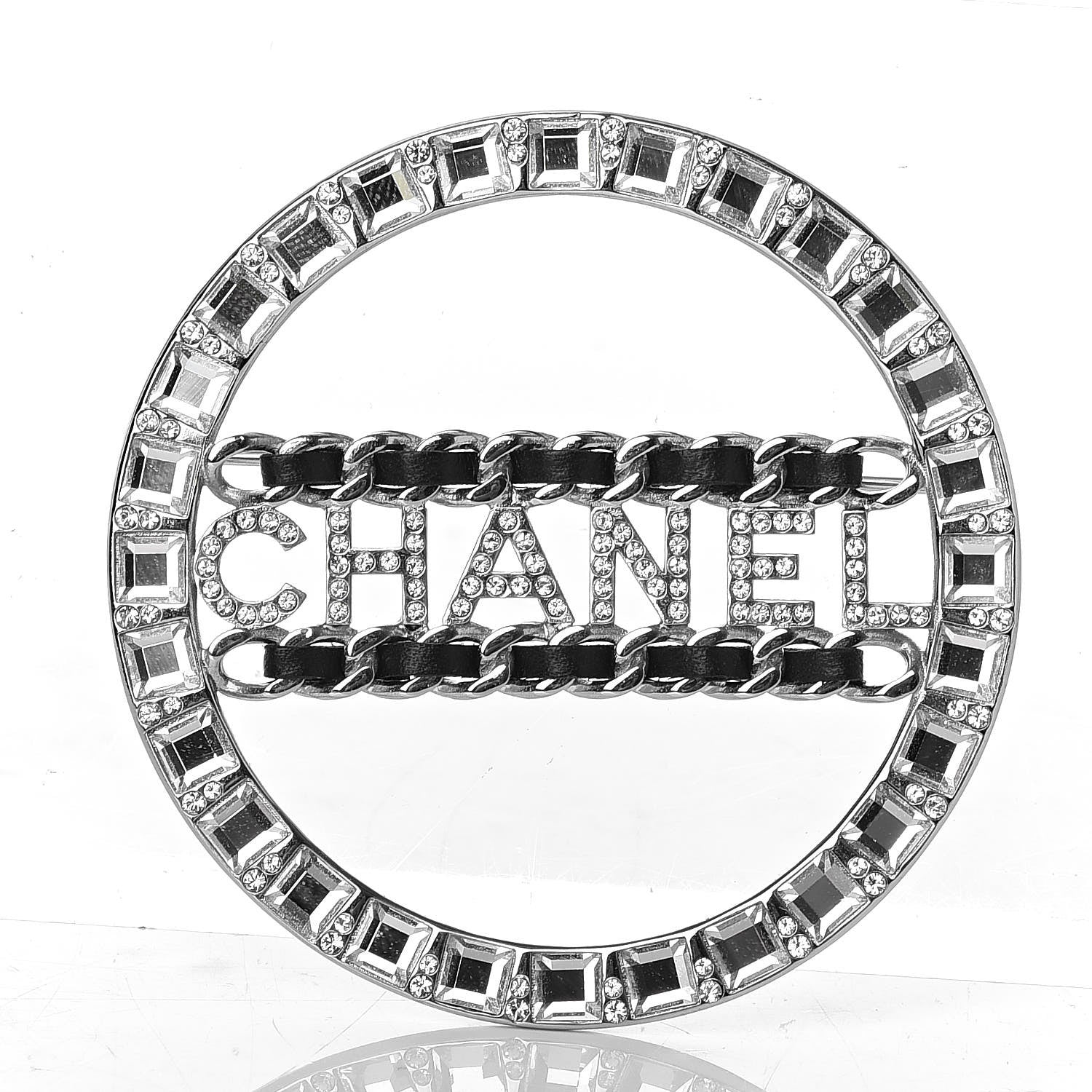 Chanel Lambskin Baguette Crystal Logo Brooch Black Silver 1 of 5
