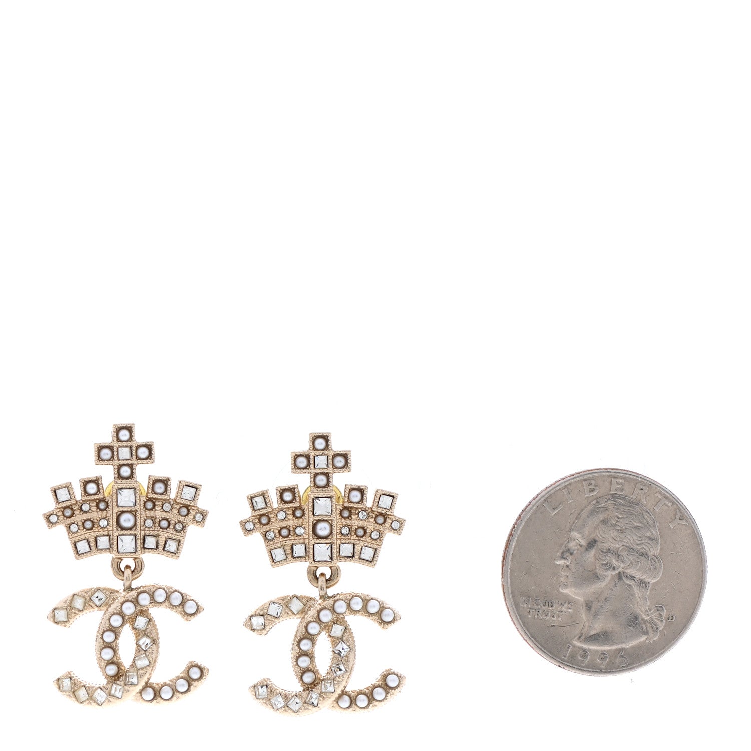 Chanel Crystal CC Crown Drop Earrings Gold 2 of 5