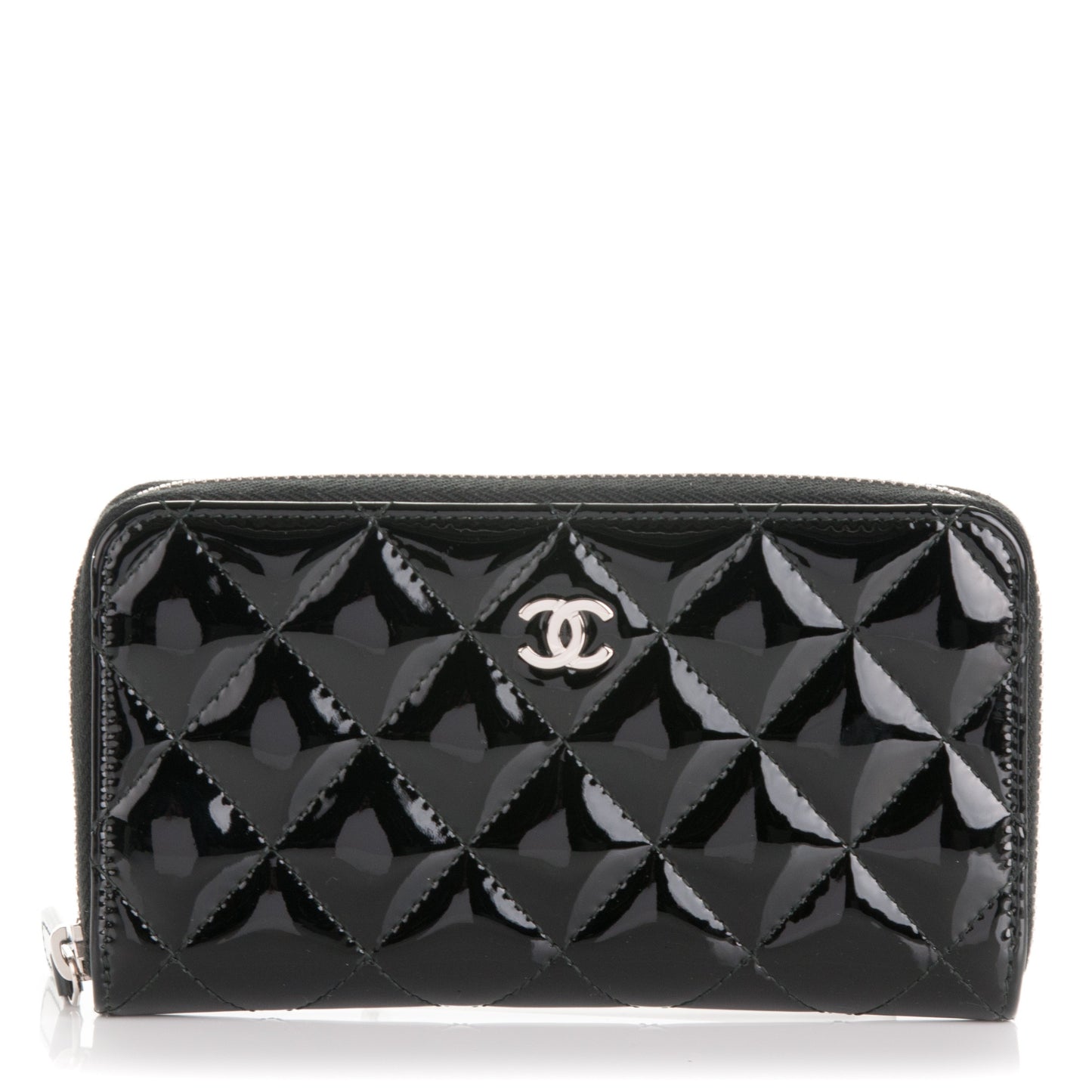 Patent Quilted Small Zip Around Wallet Black