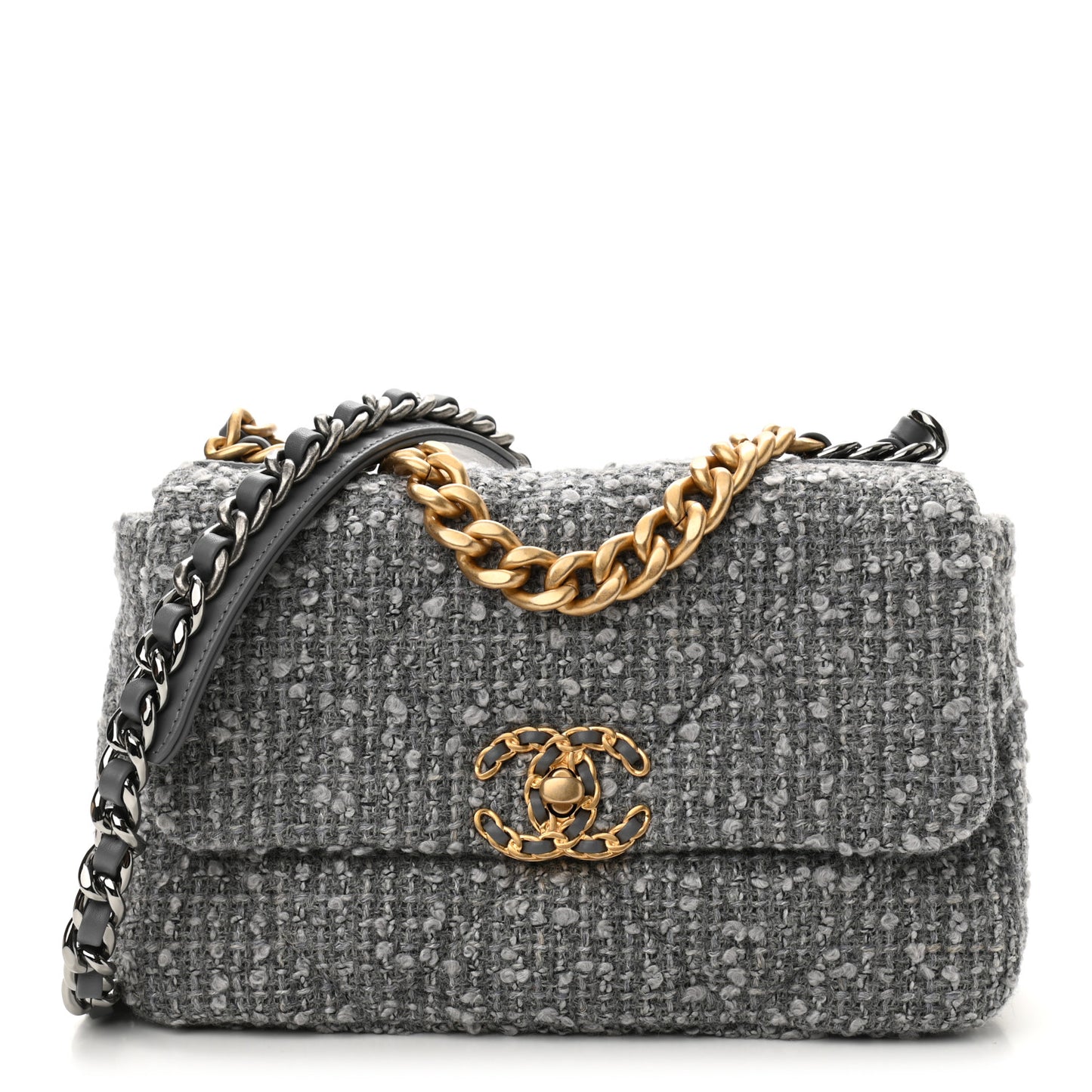 Tweed Quilted Medium Chanel 19 Flap Grey