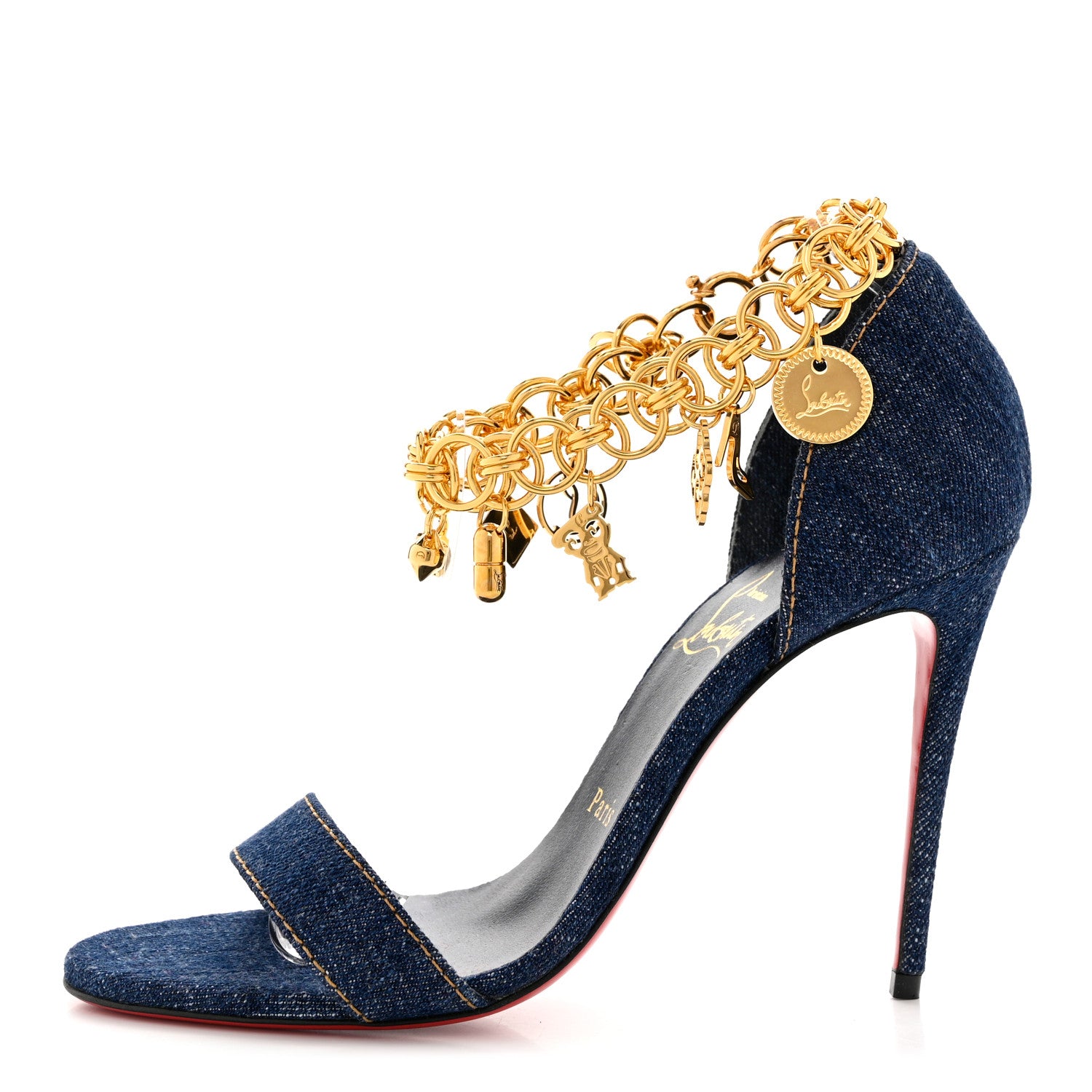 Christian Louboutin Denim Gourmi 100 Sandals 37.5 Blue Gold 1 of 8