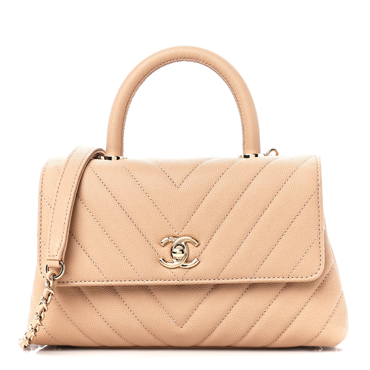 Caviar Chevron Quilted Mini Coco Handle Flap Beige