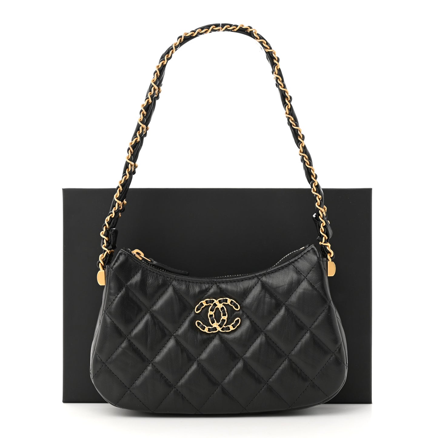Crumpled Calfskin Quilted Braided CC Small Hobo Black