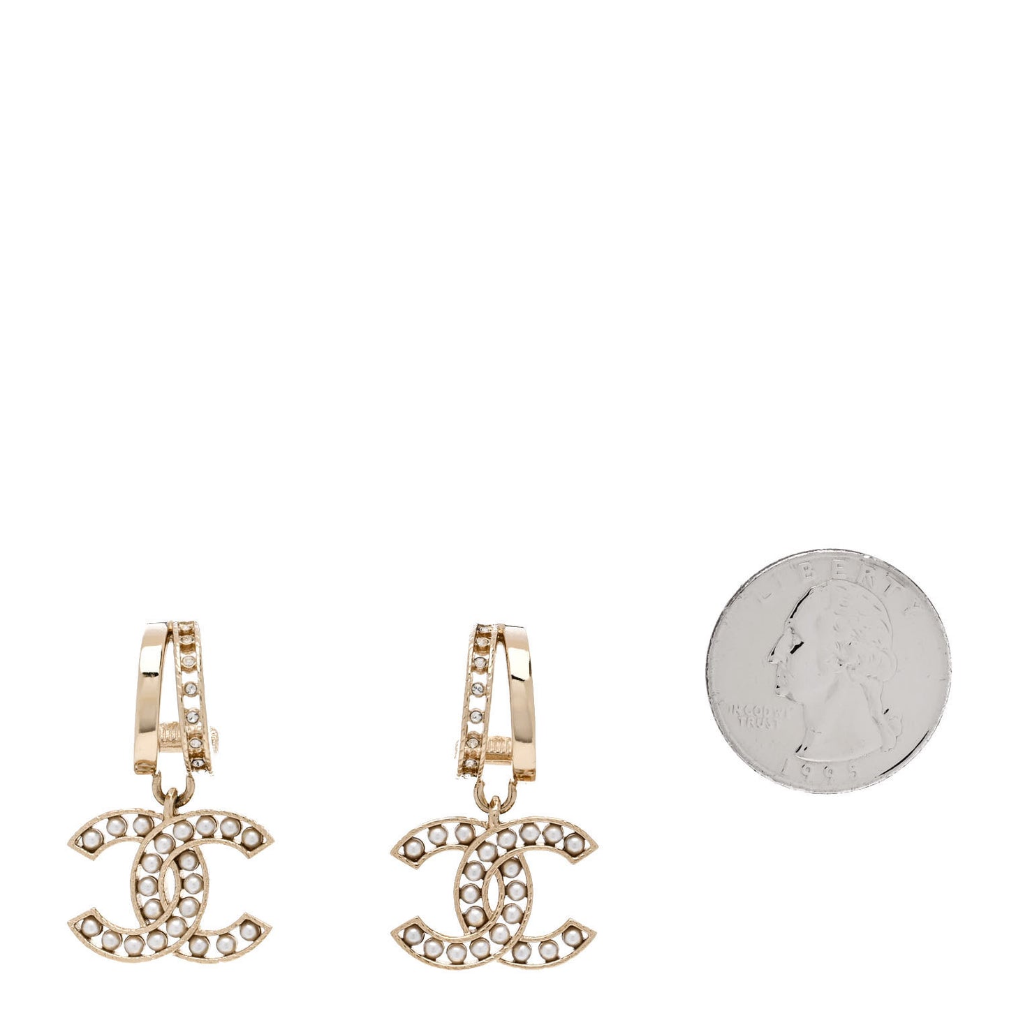 Crystal Pearl CC Hoop Drop Earrings Gold