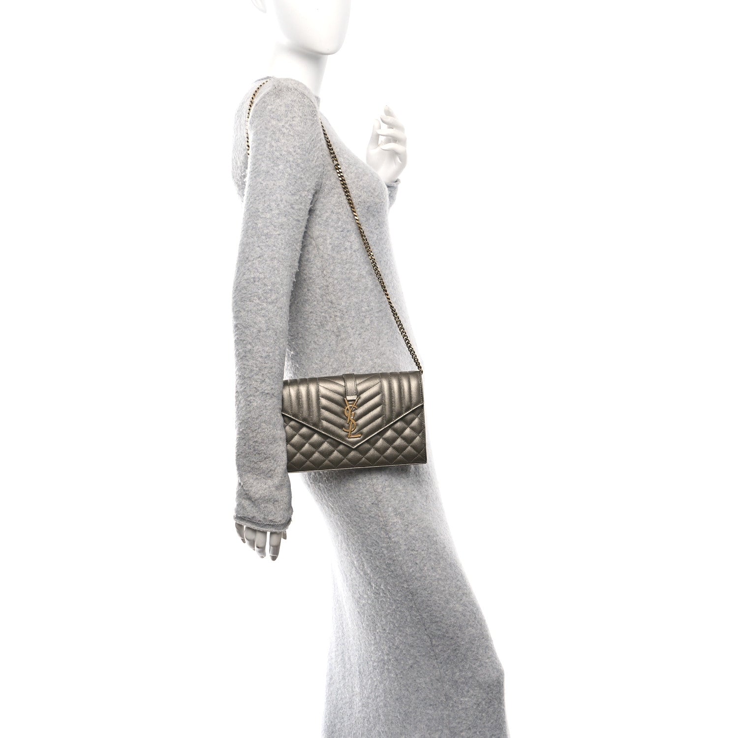 Saint Laurent Metallic Grain De Poudre Mixed Matelasse Triquilt Monogram Chain Wallet Piombo 2 of 11