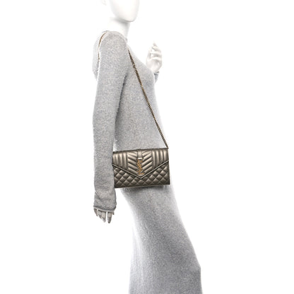 Saint Laurent Metallic Grain De Poudre Mixed Matelasse Triquilt Monogram Chain Wallet Piombo 2 of 11