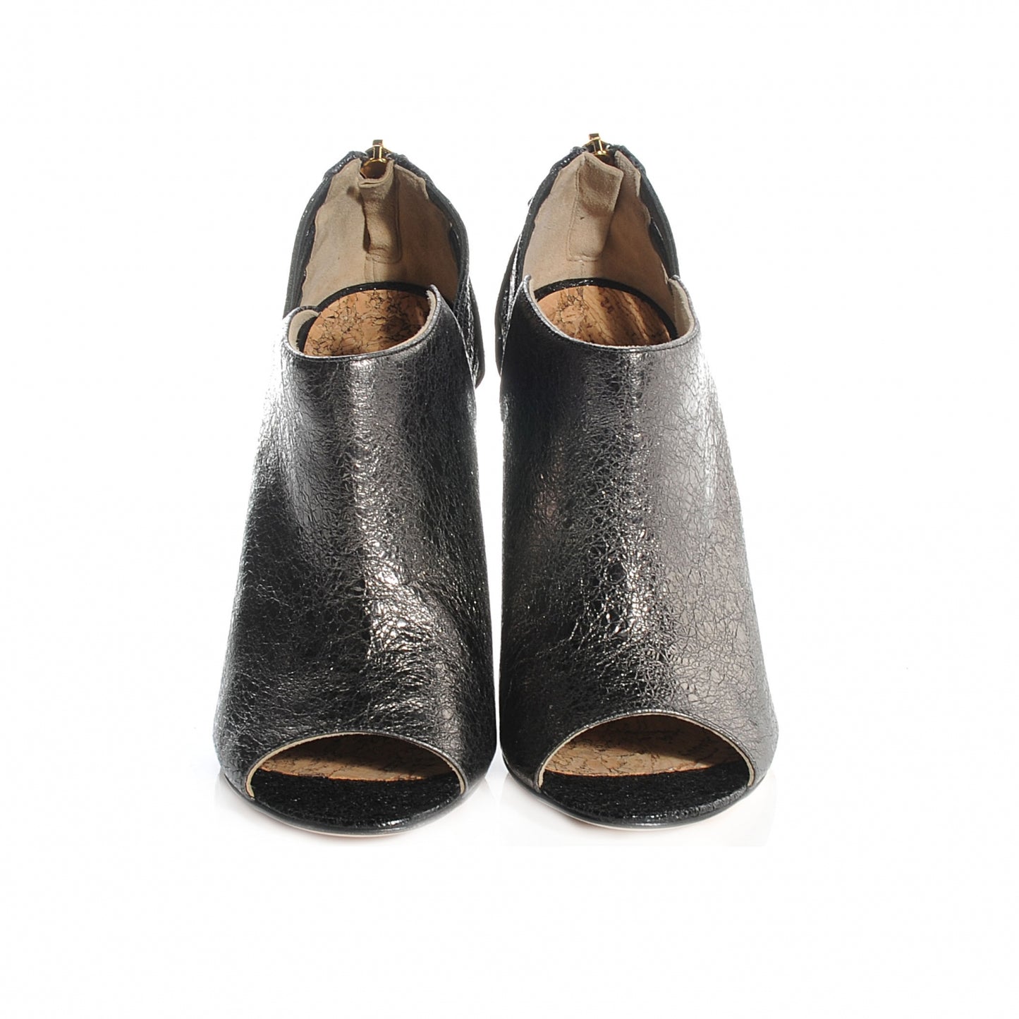 Metallic Crinkled Calfskin Peep Toe Heels 35.5 Dark Silver