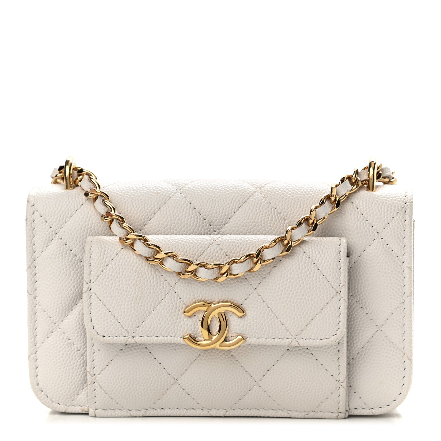 Caviar Quilted Pocket Twins Clutch With Chain White