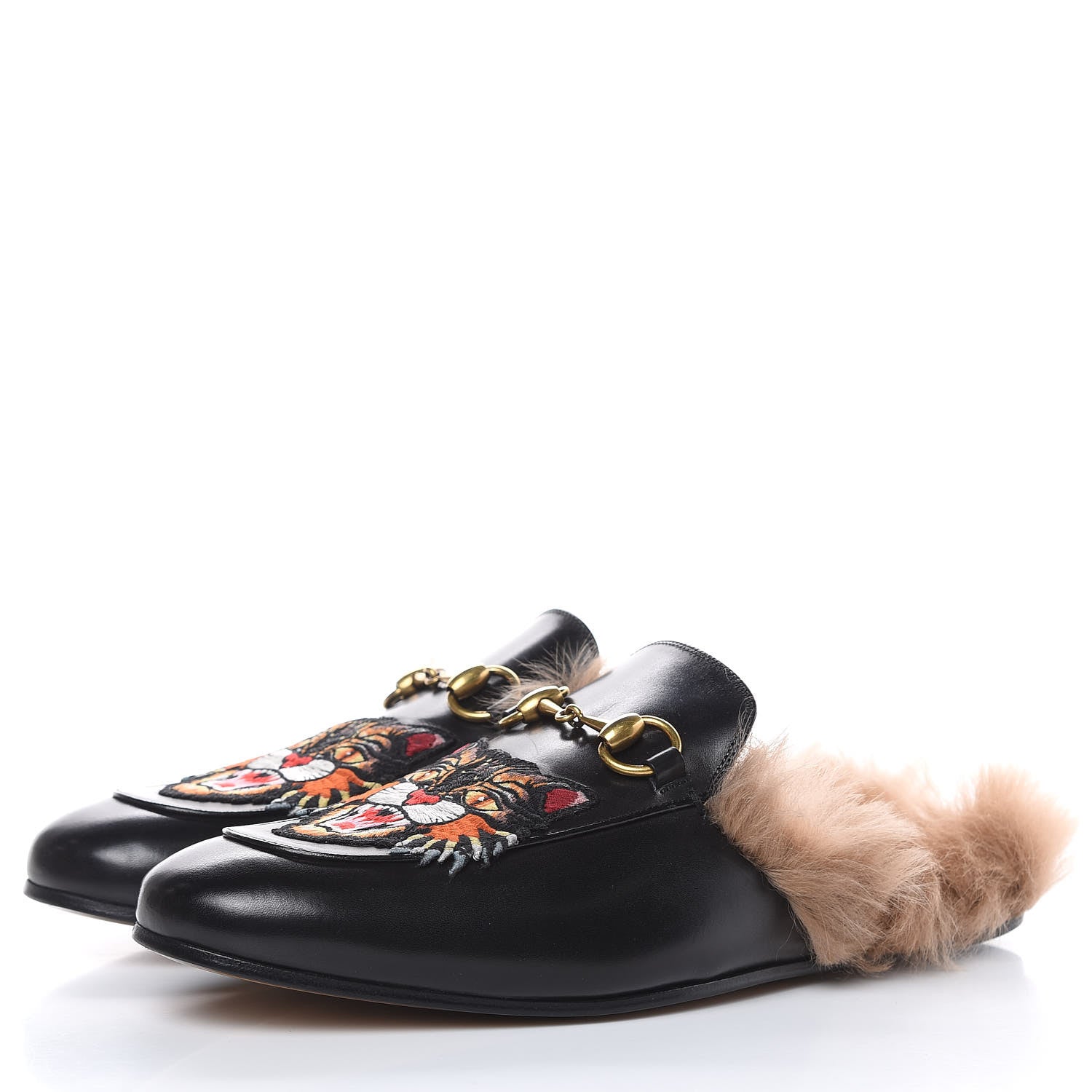 Gucci Calfskin Fur Angry Cat Embroidered Mens Princetown Slippers 7 Black 3 of 9