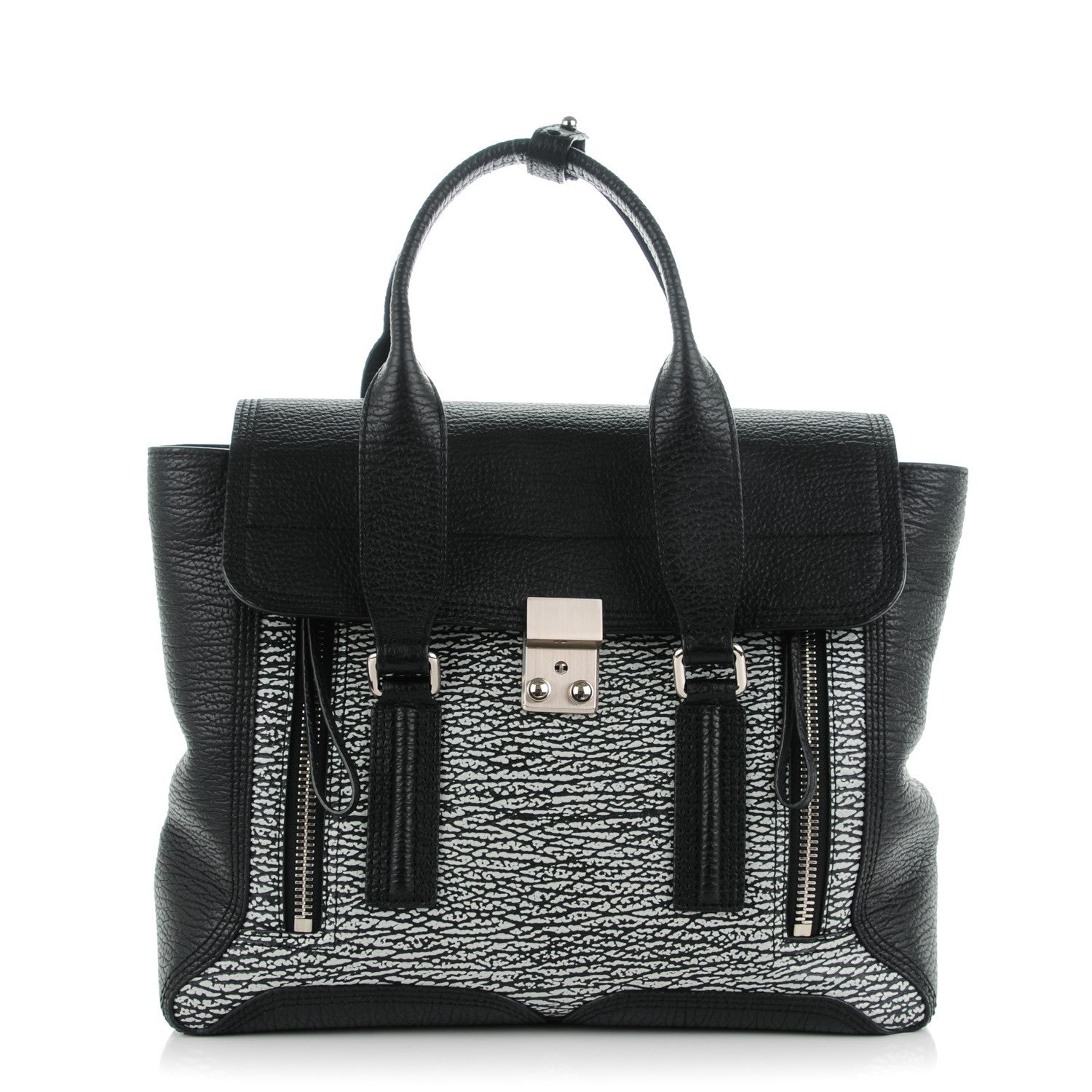 3.1 Phillip Lim 3.1 Calfskin Embossed Medium Pashli Satchel Black White 1 of 7