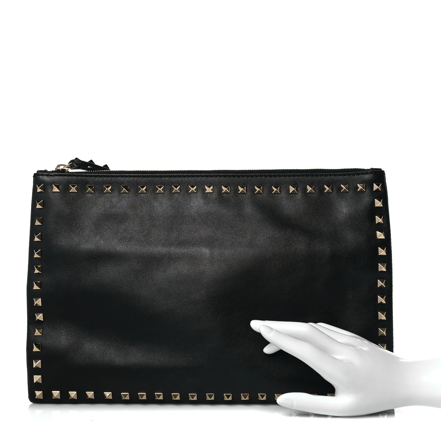 Vitello Large Rockstud Zip Wristlet Pouch Black