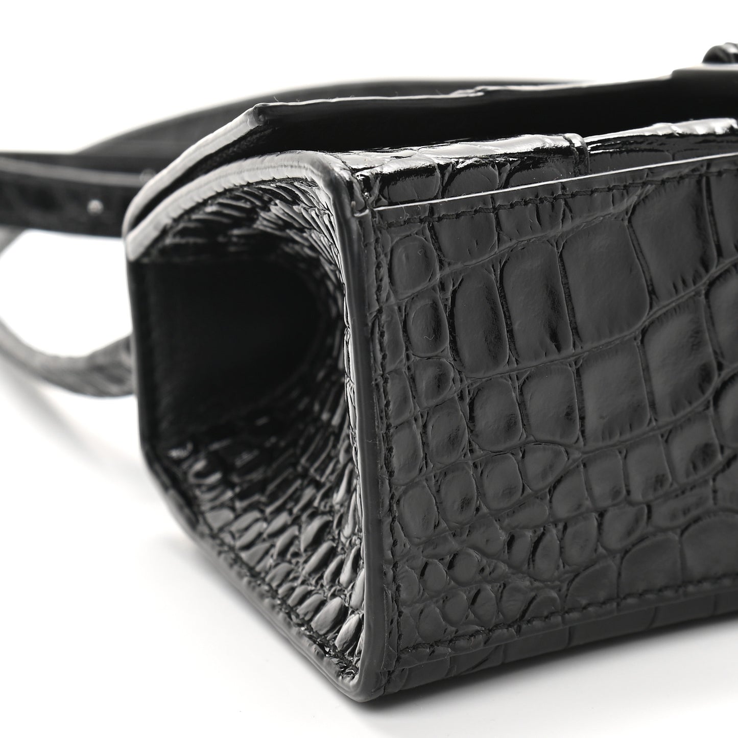 Shiny Calfskin Monochrome Crocodile Embossed Hourglass Top Handle Bag XS Black