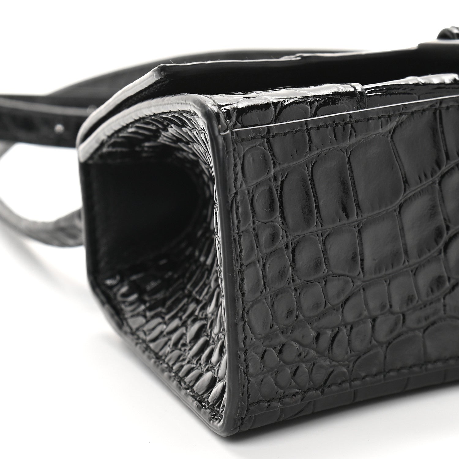 Balenciaga Shiny Calfskin Monochrome Crocodile Embossed Hourglass Top Handle Bag XS Black 7 of 9