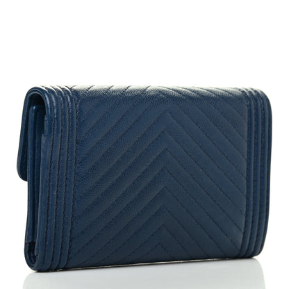 Chanel Caviar Chevron Quilted Medium Boy Flap Wallet Navy 3 of 8