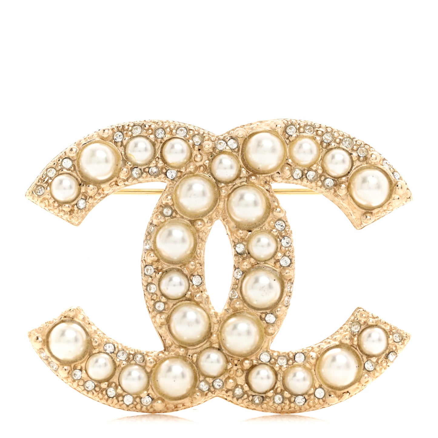 Metal Crystal Graduated Pearl CC Brooch Gold
