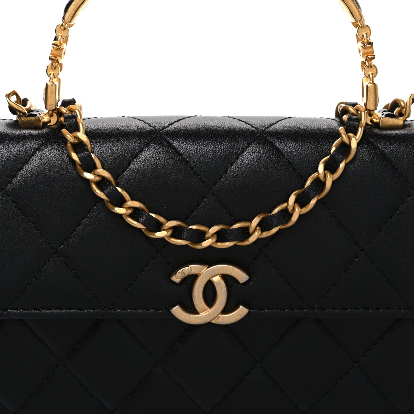 Lambskin Enamel Quilted Top Handle Flap Phone Holder With Chain Black