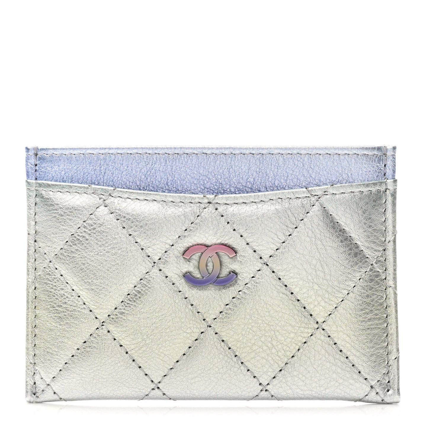 Gradient Metallic Calfskin Quilted Card Holder Silver Blue Yellow Purple